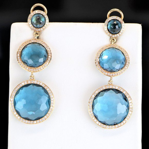 19503 Ippolita Lollipop 18K Yellow Gold Blue Topaz Diamond Dangle Earrings - Picture 1 of 5